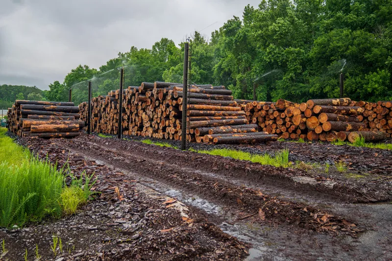 Stacks of raw logs line a muddy lane at a timber yard before milling into building lumber.